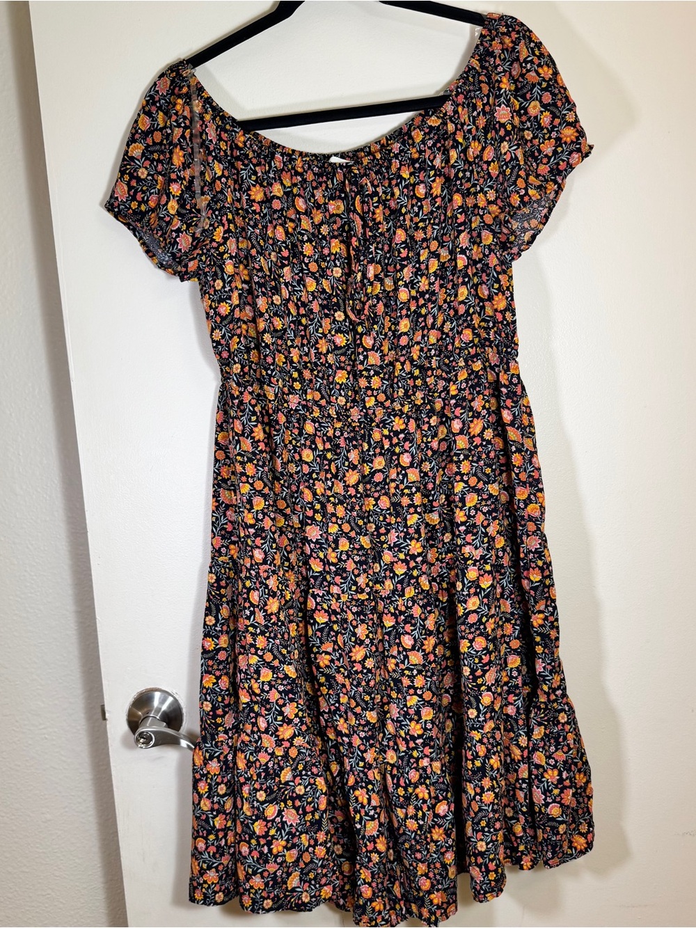 Indigo Rose Black Floral Puff Sleeve Midi Dress with Orange & Pink Flowers